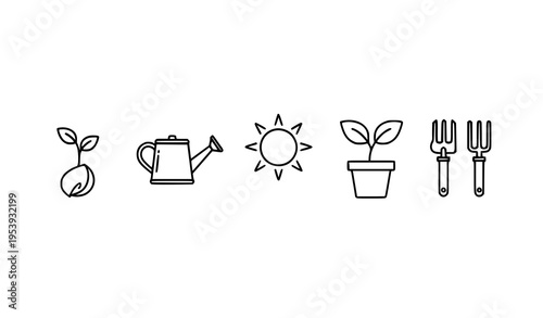 Sprout and gardening outline icons horticulture plant care vector