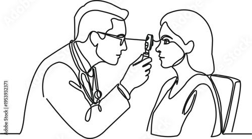 Continuous single line drawing of a doctor examining a patient’s eyes with an ophthalmoscope