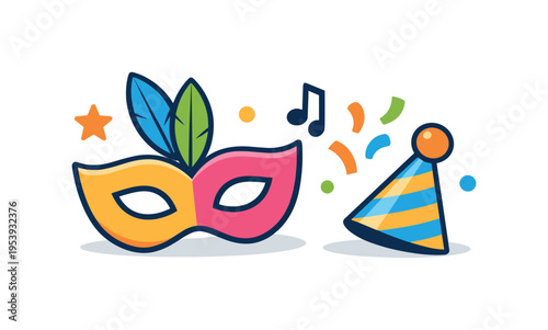 Carnival festival celebration focused on joyful public events and cultural traditions, a festive mask beside colorful confetti and a small party hat forming a clear visual metaphor