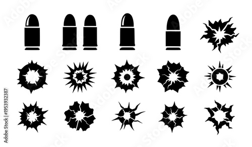 Bullet and bullet hole icon set black silhouette vector collection
