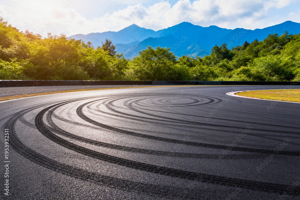 Fototapeta premium Race Track with Tire Marks and Natural Landscape