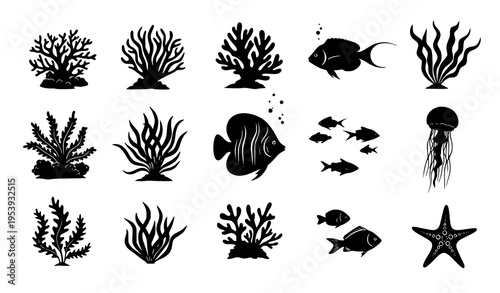 Underwater silhouettes collection ocean plants fish marine vector set