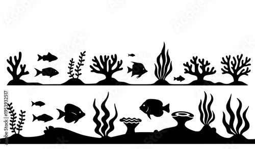 Ocean marine silhouettes fish coral seaweed vector collection
