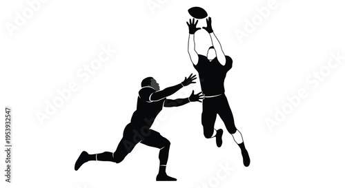A black silhouette depicts a dramatic football catch attempt with a defender reaching high quality
