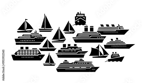 Marine vessels icon collection sailboat ship flat black vector