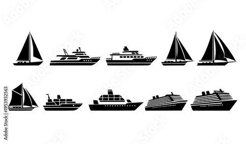Black sailboat and ship flat vector icons marine transport set