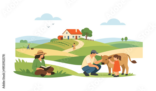A peaceful rural landscape scene showing open fields and quiet countryside life, focusing on simplicity and connection with nature away from urban environments, a gentle rolling