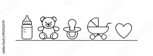 Child care and early childhood support ensuring safe nurturing environments and attentive daily care for young children, baby bottle, teddy bear, pacifier, baby stroller, and heart