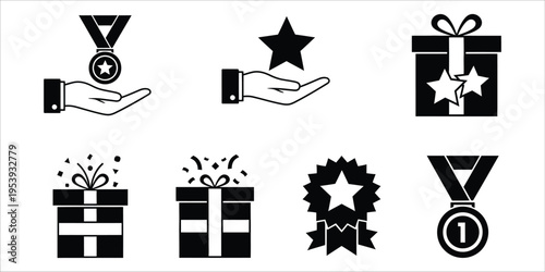 A collection of award and gift icons in black and white