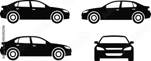 Silhouette of a modern sedan car in four different views