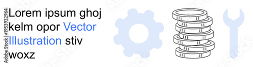 Industry, finance, maintenance, repair services, mechanics, business operations. Gear, stacks of coins wrench and placeholder text. Industry and finance concepts visually