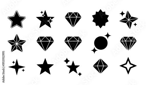 Black star and diamond icon set vector collection