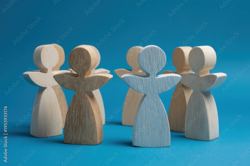 Obraz premium Angelic Union: A group of wooden figures stand united, exuding a sense of peace and harmony. Their arms outstretched, they symbolize openness and connection.