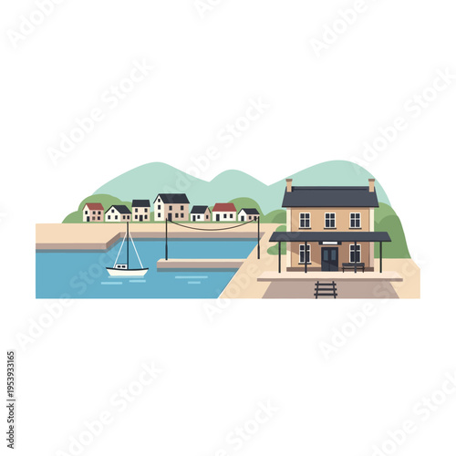 Illustration of a Coastal House with Sailing Boat.