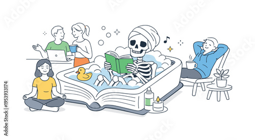 Playful reflection on relaxation and work life balance where a friendly skeleton character calmly reads a book while sitting in a classic bathtub, the bathtub and an open book