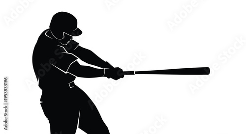 A silhouetted baseball player is depicted mid swing powerfully connecting with the ball high quality professional