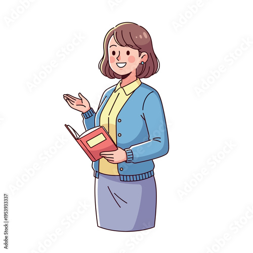 Woman holding a book and gesturing.