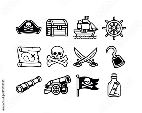 Pirate adventure set: pirate hat, treasure chest, pirate ship, ship wheel, treasure map scroll, skull and crossbones, crossed pirate swords, pirate hook hand, spyglass telescope