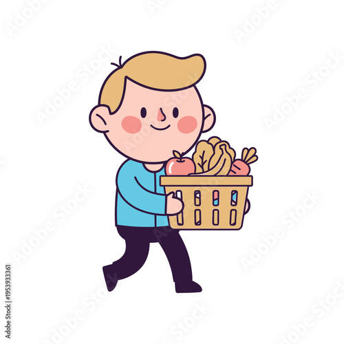 Cartoon Boy Carrying Basket of Fresh Fruits.