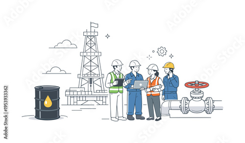 Oil energy industry workplace scene where engineers and technicians review equipment and coordinate extraction processes at an industrial drilling location, symbolizing large scale