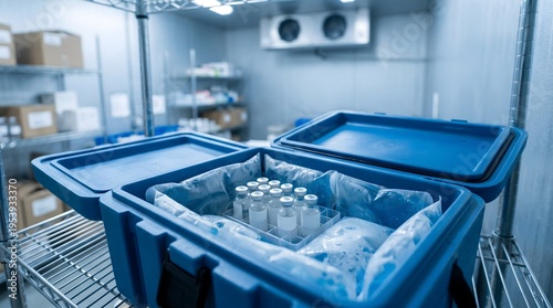 Open insulated vaccine transport box of medical cold chain storage with ice packs and vial containers