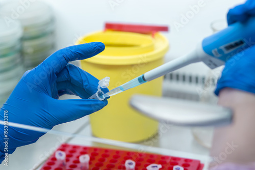 Bild auf Leinwand Fine laboratory work, conducting research with drugs, adding reagents to a test tube