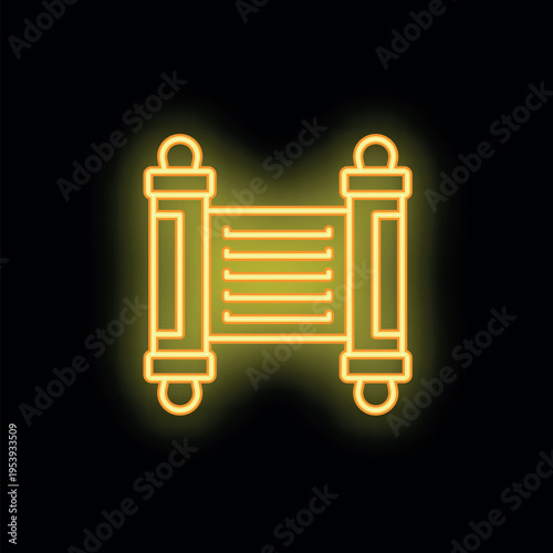 Glowing neon yellow icon of torah scroll on black background, representing jewish culture, religion, and tradition