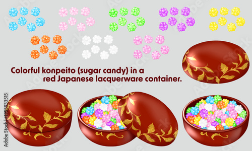 金の葉の飾り絵が付いた漆器のボンボニエールとカラフルな金平糖