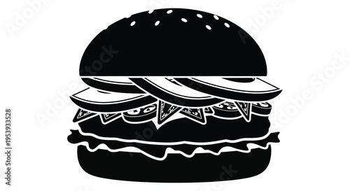 A striking black and white silhouette depicts a classic cheeseburger with visible layers high quality