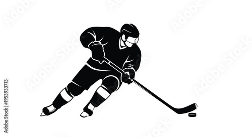 A dynamic black and white illustration depicts a hockey player in action stick down