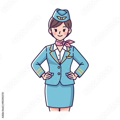 Female Flight Attendant in Uniform Standing.