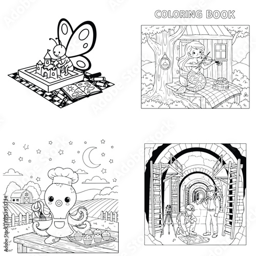 Cute butterfly sits on a chess board with miniature castles, line art, board game