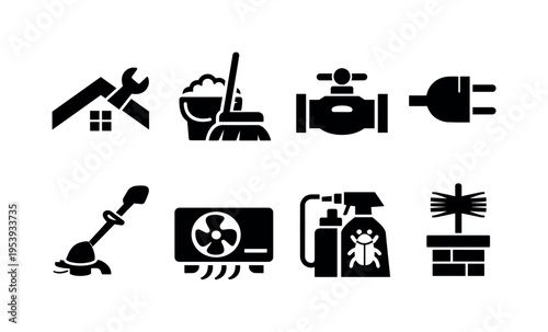 Property service symbols: house roof repair, cleaning mop bucket, pipe plumbing valve, electric power plug, grass trimmer, air conditioner unit, pest control spray, chimney sweep