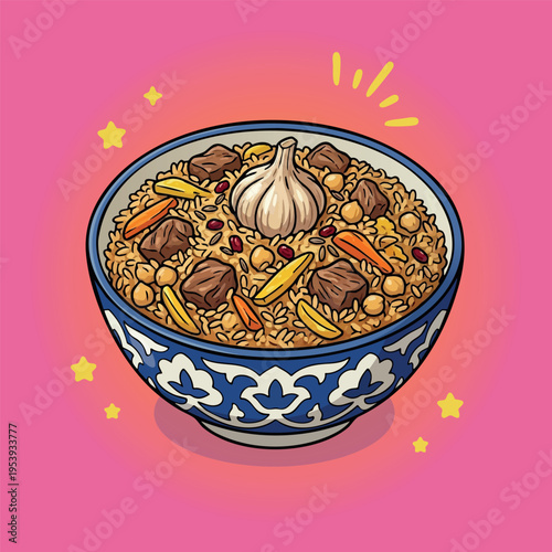 Traditional Central Asian Plov with Meat, Rice, Carrots, and Garlic
