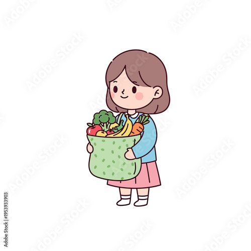 Young Girl Holding Basket of Fresh Produce.