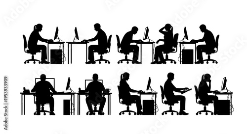 Silhouettes of people working at office desks.