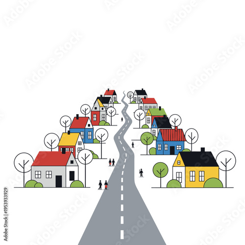 Colorful Houses on Roadside Village Scene.