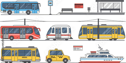 Urban Public Transport Vehicles Set Featuring City Bus Metro Train Tram Taxi and Passenger Ferry for Modern Transit Systems and Mobility Design