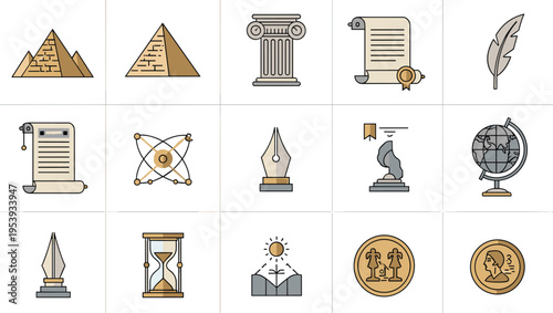 Ancient History and Education Icon Set Featuring Pyramids Columns Scrolls Feather Globe Atom Statue Hourglass Coins and Knowledge Symbols Vector Collection