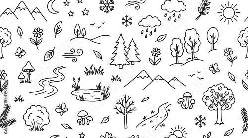 Seasonal nature landscape theme with calm year-round scenery feel, doodle objects including mountains, hills, trees, pine trees, flowers, leaves, sun, clouds, rain, snowflakes,
