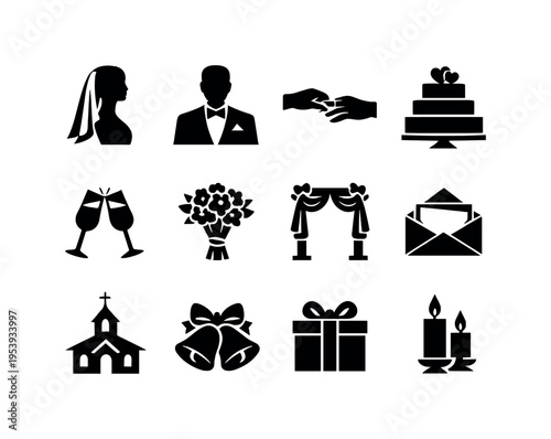 Wedding ceremony elements: bride silhouette with veil, groom silhouette with bow tie, wedding rings exchange, wedding cake tiered, champagne glasses toast, wedding bouquet flowers