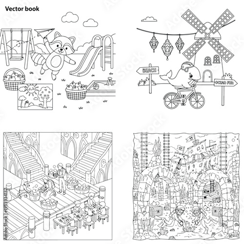 Cute cartoon teddy bear on a slide with basket, line art, black and white