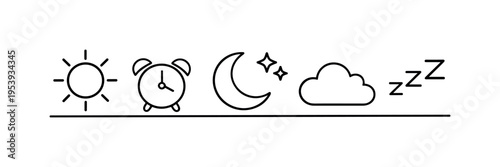 Time of day transition illustrating daylight activity and nighttime rest within a balanced daily lifestyle cycle, sun, moon, star, alarm clock, and cloud, gentle rhythm and