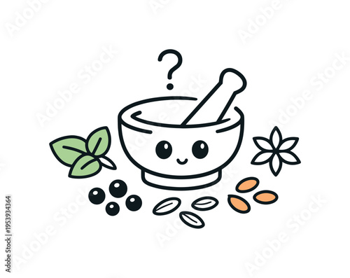 Culinary experimentation and global cuisine discovery during meal planning for everyday wellbeing and enjoyment, top view of scattered spice seeds beside a small mortar and pestle