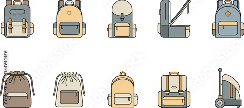 Backpack Collection Icon Set Featuring Travel School Hiking Bags Luggage Suitcase and Modern Carry Equipment Vector Illustration
