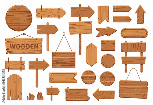 Wooden Banner and Signboard Set Featuring Sign Posts Panels Plywood Design Template Vector Illustration