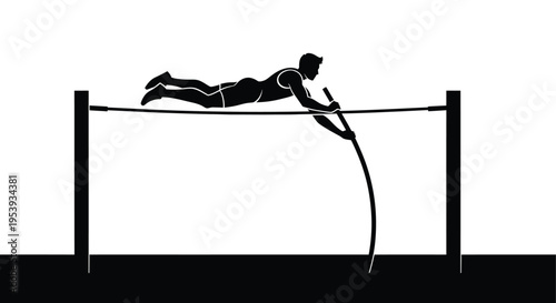 A silhouetted athlete performing a high jump clearing the bar with a pole high quality