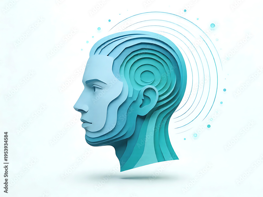 Obraz premium Blue layered human head with swirling lines and dots around it