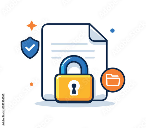 Secure document management focused on protecting confidential files and sensitive business information in a digital workflow environment, a document sheet with a closed padlock