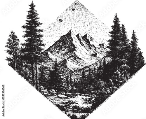 Landscape featuring mountains and pine trees within a diamond shape, tattoo stencil design, vector illustration.